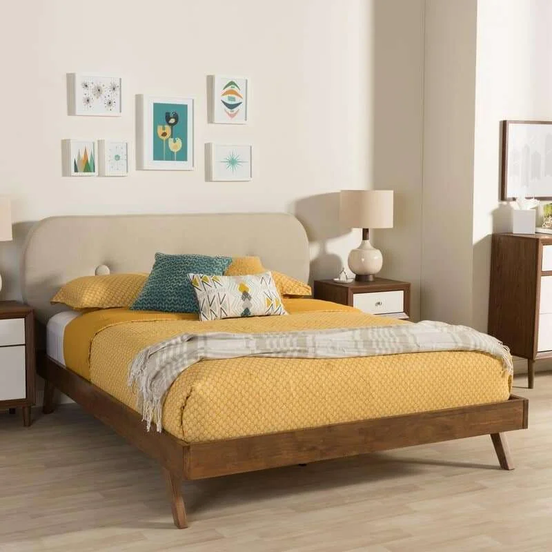 Mid-century Platform Bed Frame with Button Tufted Upholstered Headboard