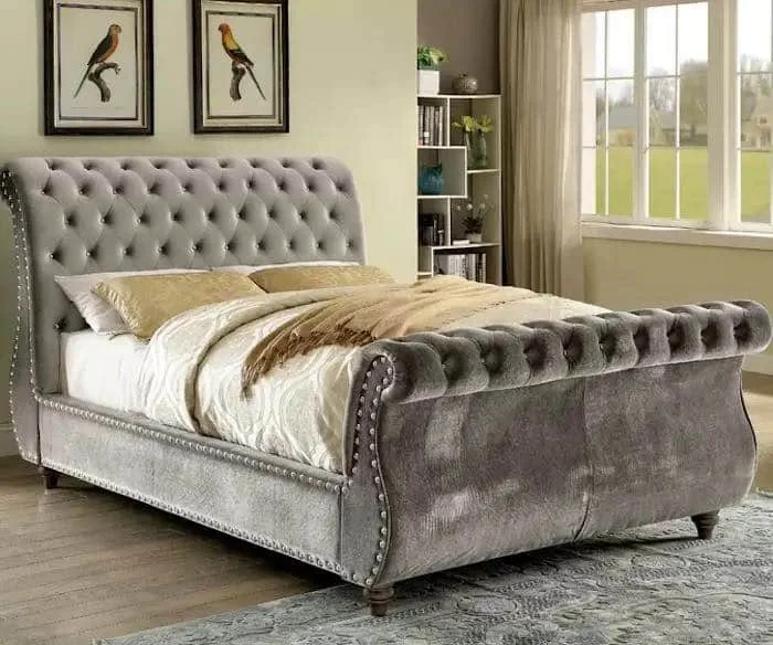 Tufted Upholstered Sleigh Bed in Velvet