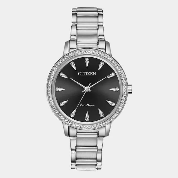 Best Affordable Watches for Women, Citizen Watch with Black Dial and Crystals