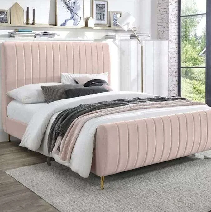 Sturdy Mid-century Modern Bed, Tufted Upholstered Platform Bed