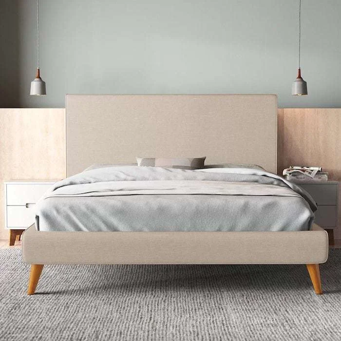 Mid-century Modern Bed Frame King, Upholstered Platform Bed with Tall Headboard