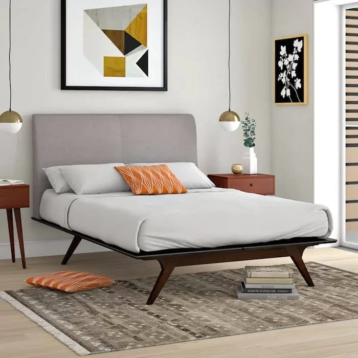 Mid Century Platform Bed with Upholstered Headboard
