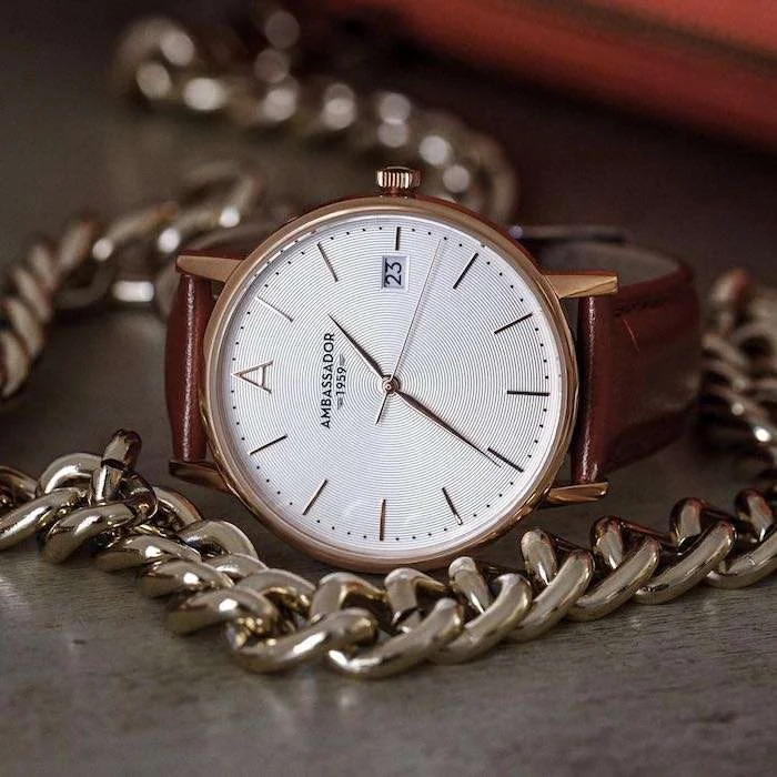 Best Rose Gold Watches, Rose Gold Watches Women, Ambassador 1959 Burgundy Strap Rose Gold Watch for Women