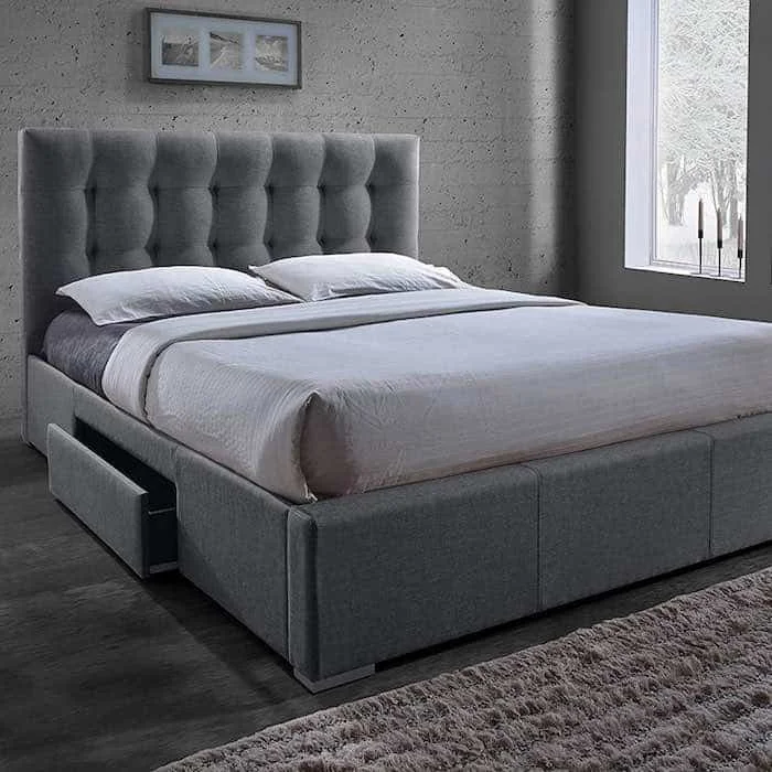 Tufted Fabric Storage Platform Bed with Drawers, platform bed with storage and headboard
