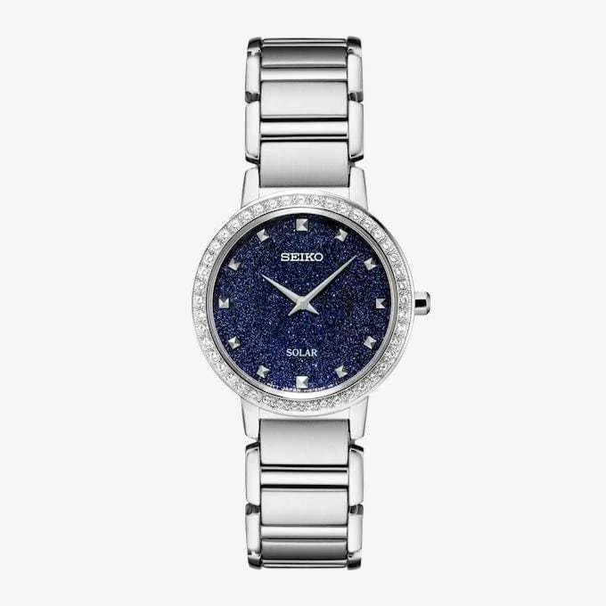 Best Women's Watches under $300, Seiko Women's Watches, Stainless Steel Watch with Blue Glitter Dial and Crystals
