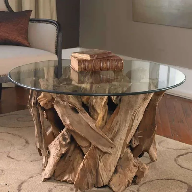 Best Round Wood Coffee Tables, Cindi Driftwood Round Wooden Glass Coffee Table