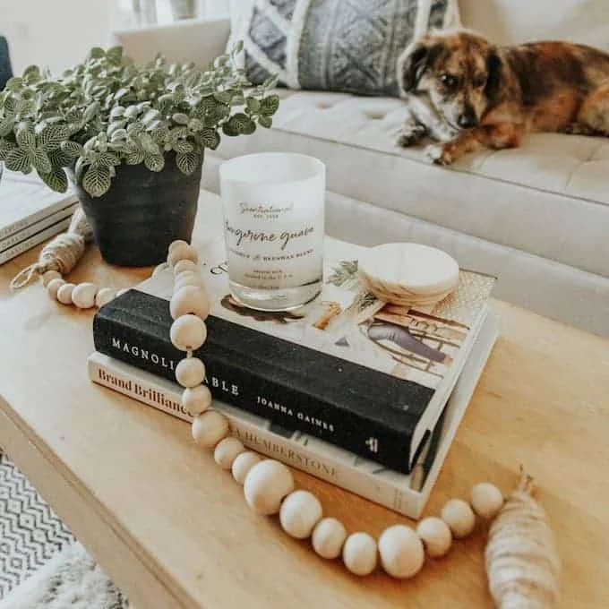 books candles plant coffee table styling