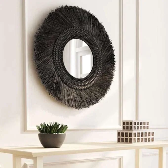 Modern Decorative Accent Mirror Black Seagrass Boho
