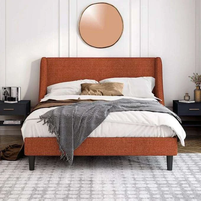 Tufted Upholstered Wingback Linen Bed 
